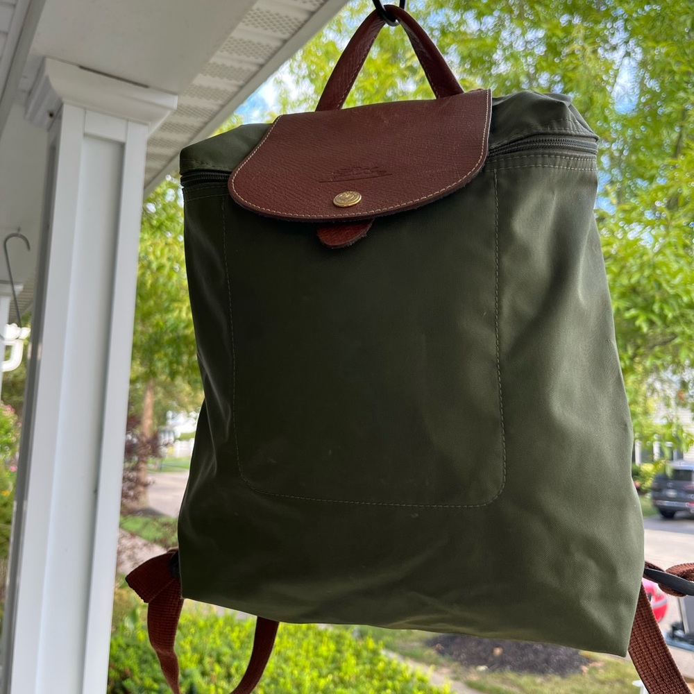 Longchamp green and brown backpack